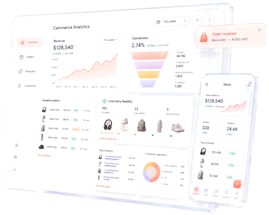 Analytics dashboard with revenue and orders on laptop and phone