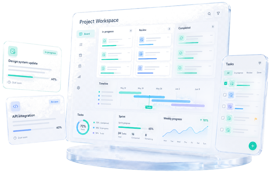 Project and task management dashboard on laptop, tablet and phone